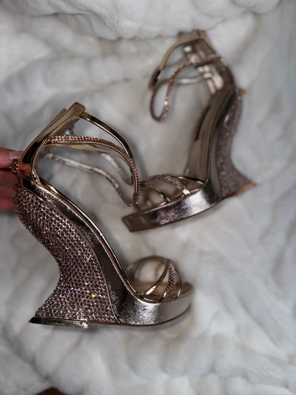 Rhinestone Embellished gold wedge sandals - curved wedge + video